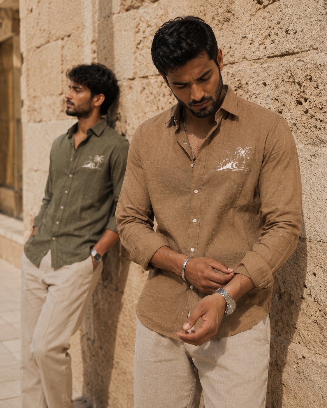 Mute Olive Green Embroided Linen Shirt