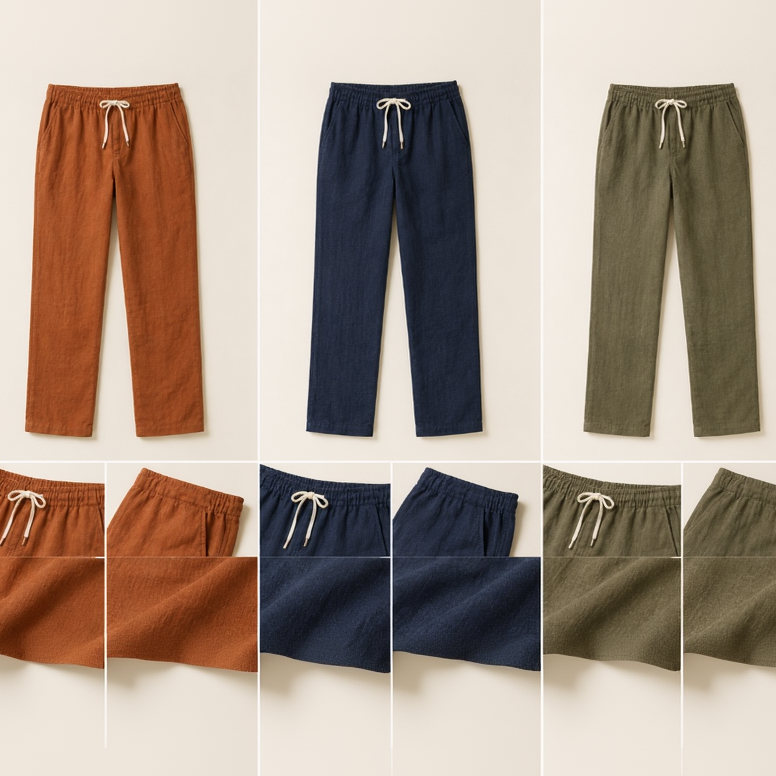 Collage of three pairs of linen pants in different colors on a beige background.