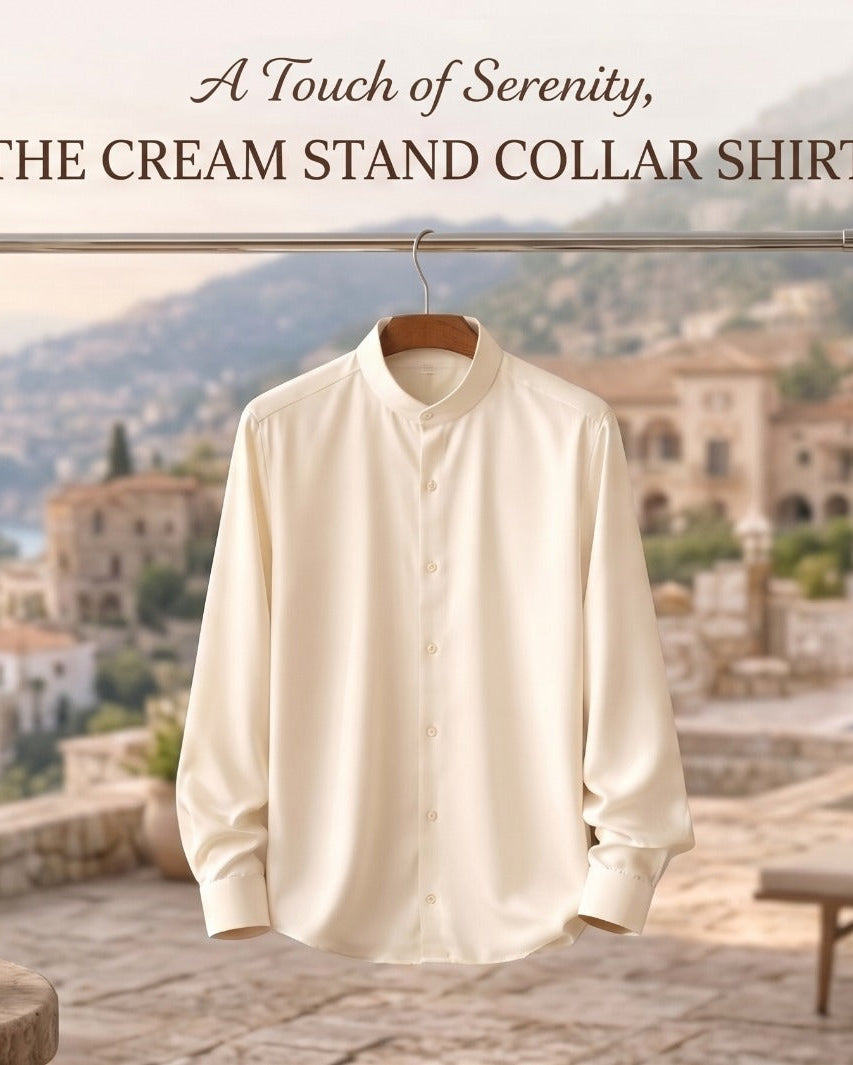 Cream stand collar shirt on a rack with a scenic background