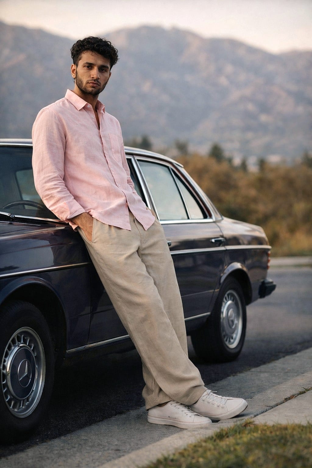 Man in pink shirt and beige pants leaning against a classic car with mountains in the background