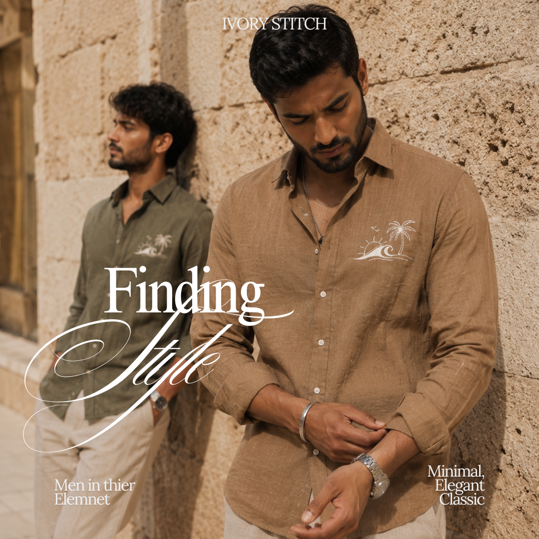 Two men wearing beige and green shirts against a stone wall, with 'Ivory Stitch' branding.